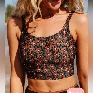 Women’s Floral Cropped Bikini Top - Brown & Green